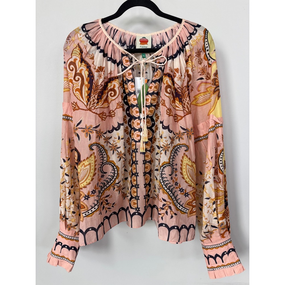 FARM Rio Pink Paisley Tie-Neck Boho Blouse